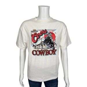 Coors Cowboy Graphic T-Shirt Mens Small White Short Sleeve‎ Western Beer Tee